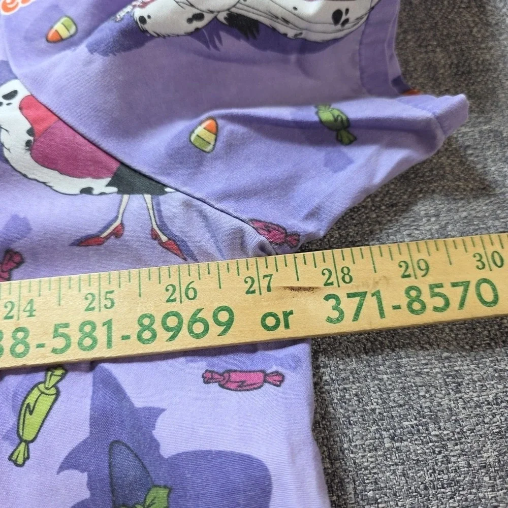 Disney Women's Scrub Top 2XHalloween Trick Treat 101 Dalmations Purple Tie